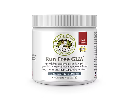 Wholesome Pet Organics Run Free GLM supplement jar on a white background