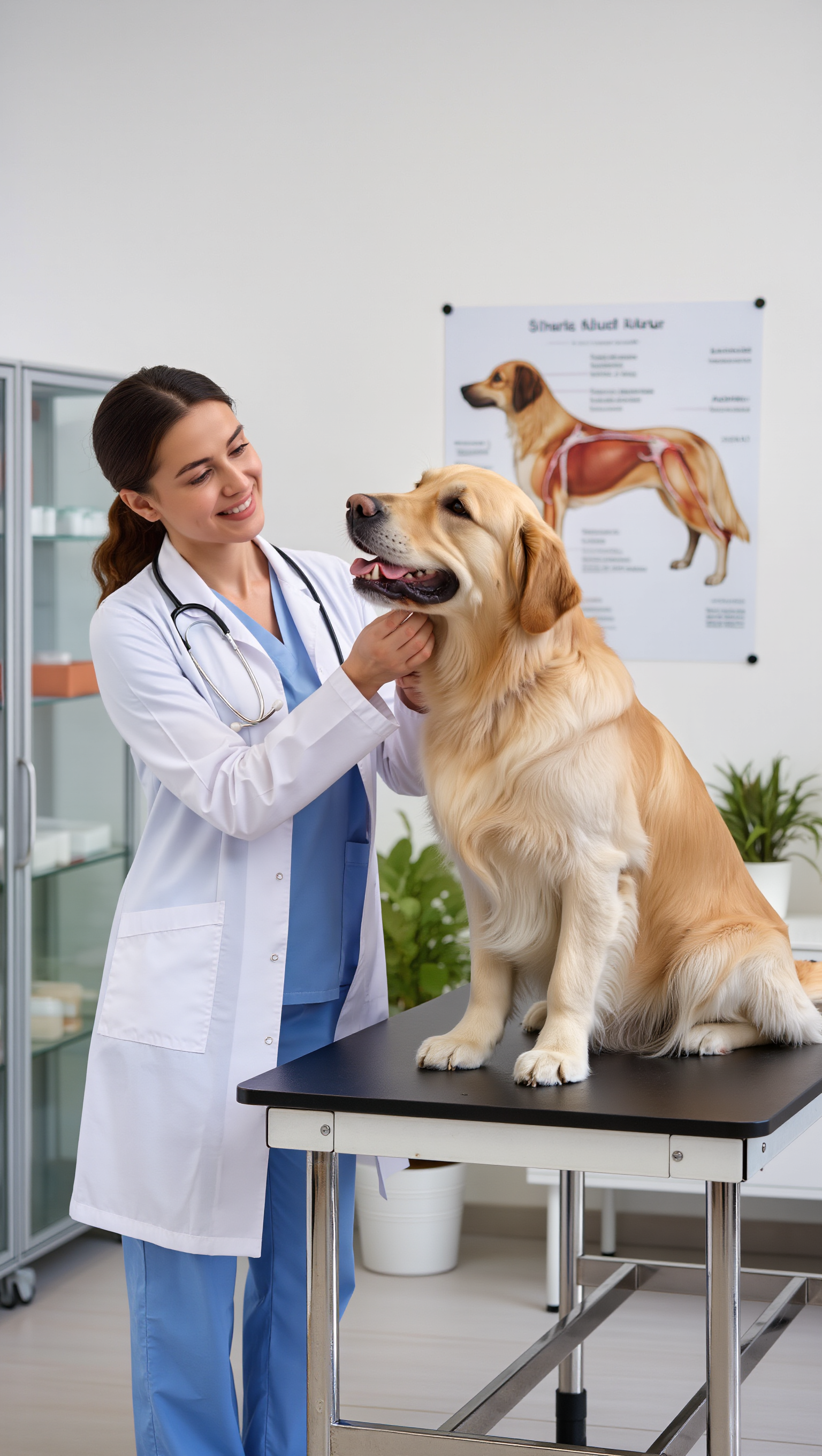 Veterinarian examining a dog on an examination table with a anatomical chart in the background